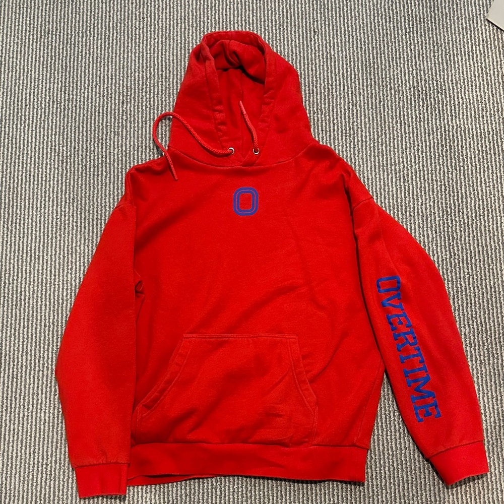Overtime Red Hoodie with Blue Lettering